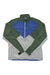 The Craft Sportswear Men's Adv Essence Wind Jacket is a lightweight windbreaker with a full zip, olive green sleeves and shoulders, blue V-shaped chest panel, light gray accents, stand collar, and small chest logo.