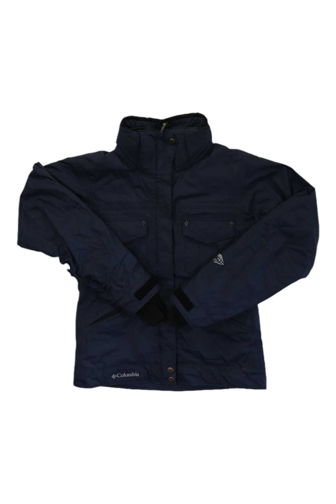 Women's insulated jacket with hood, navy, snap pockets and center zipper