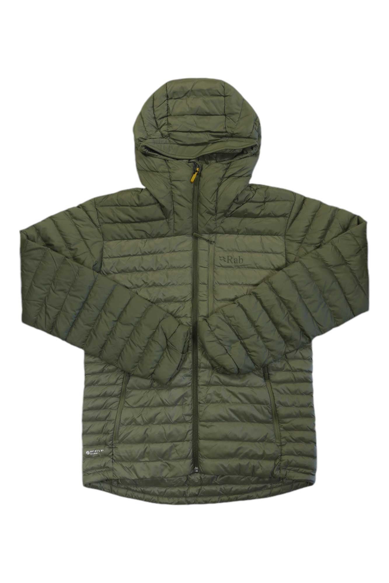 Rab men's Microlight Alpine jacket, olive green hooded puffer with full-length zipper