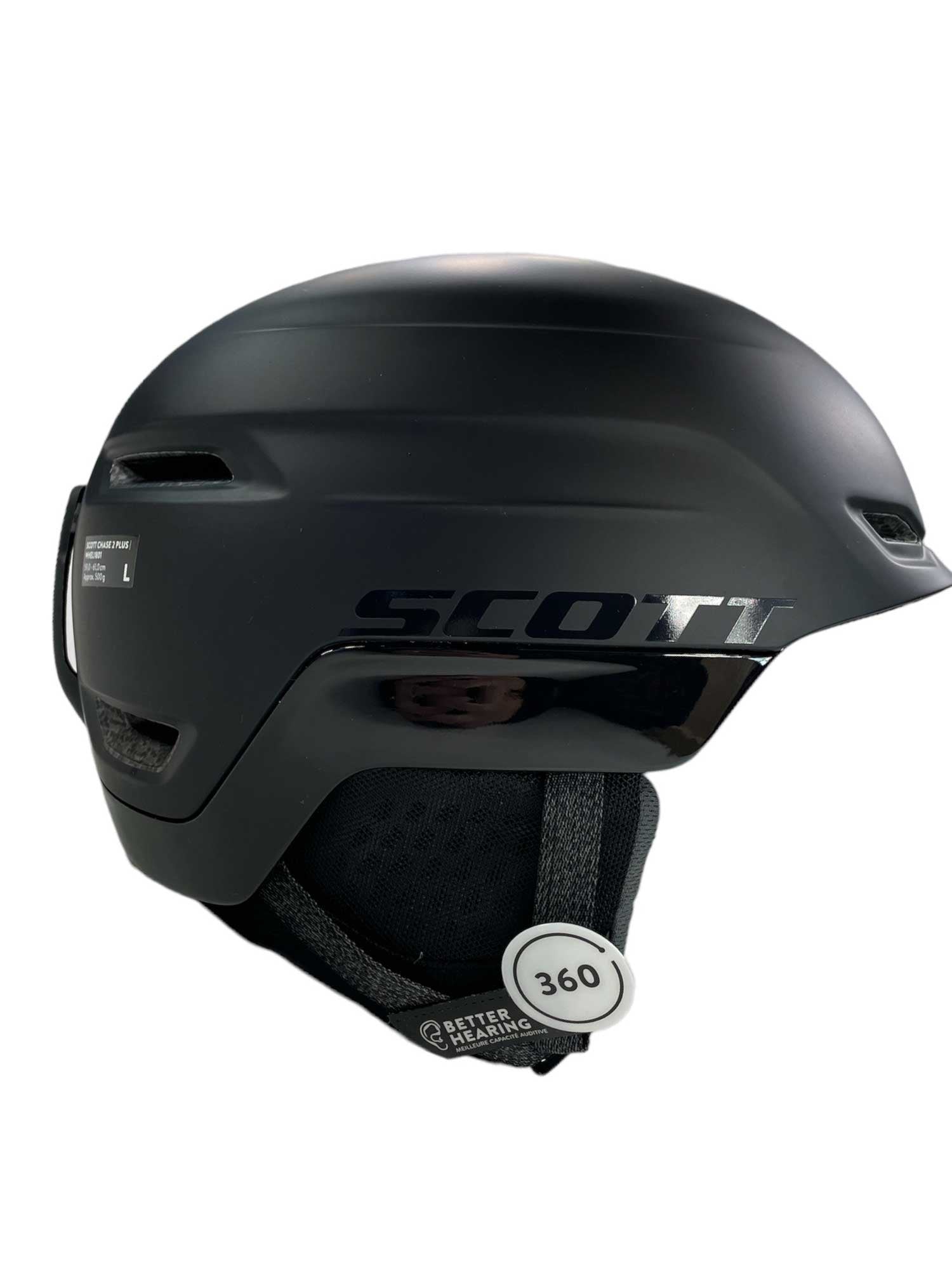 The Scott USA Chase 2 Plus Helmet is black with a matte finish, side ventilation, padded chin straps, and MIPS brain protection. "SCOTT" and "360" appear on the helmet—perfect for snowsports.