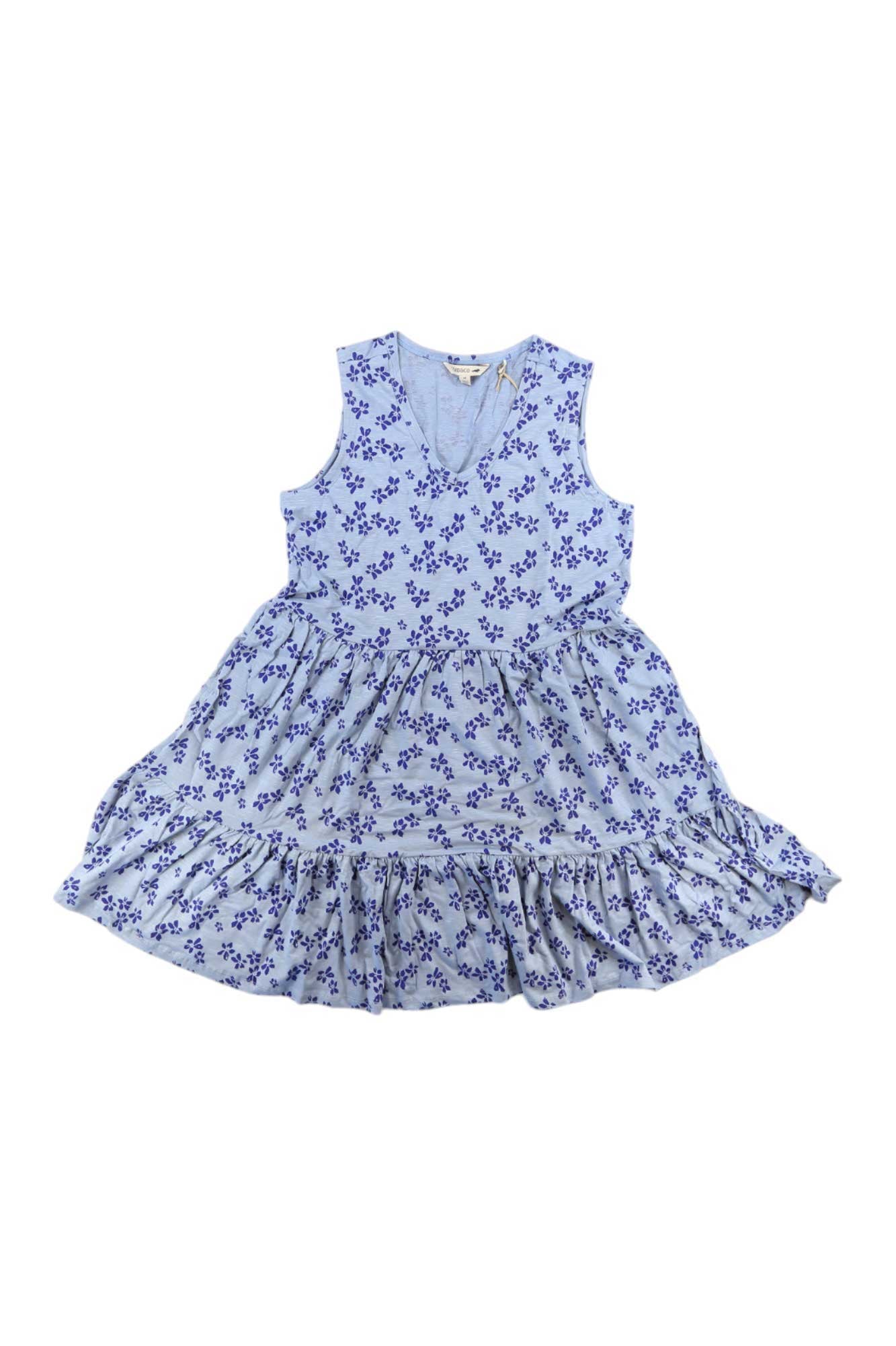 Women's sleeveless V-neck tiered dress, blue floral print with gathered skirt