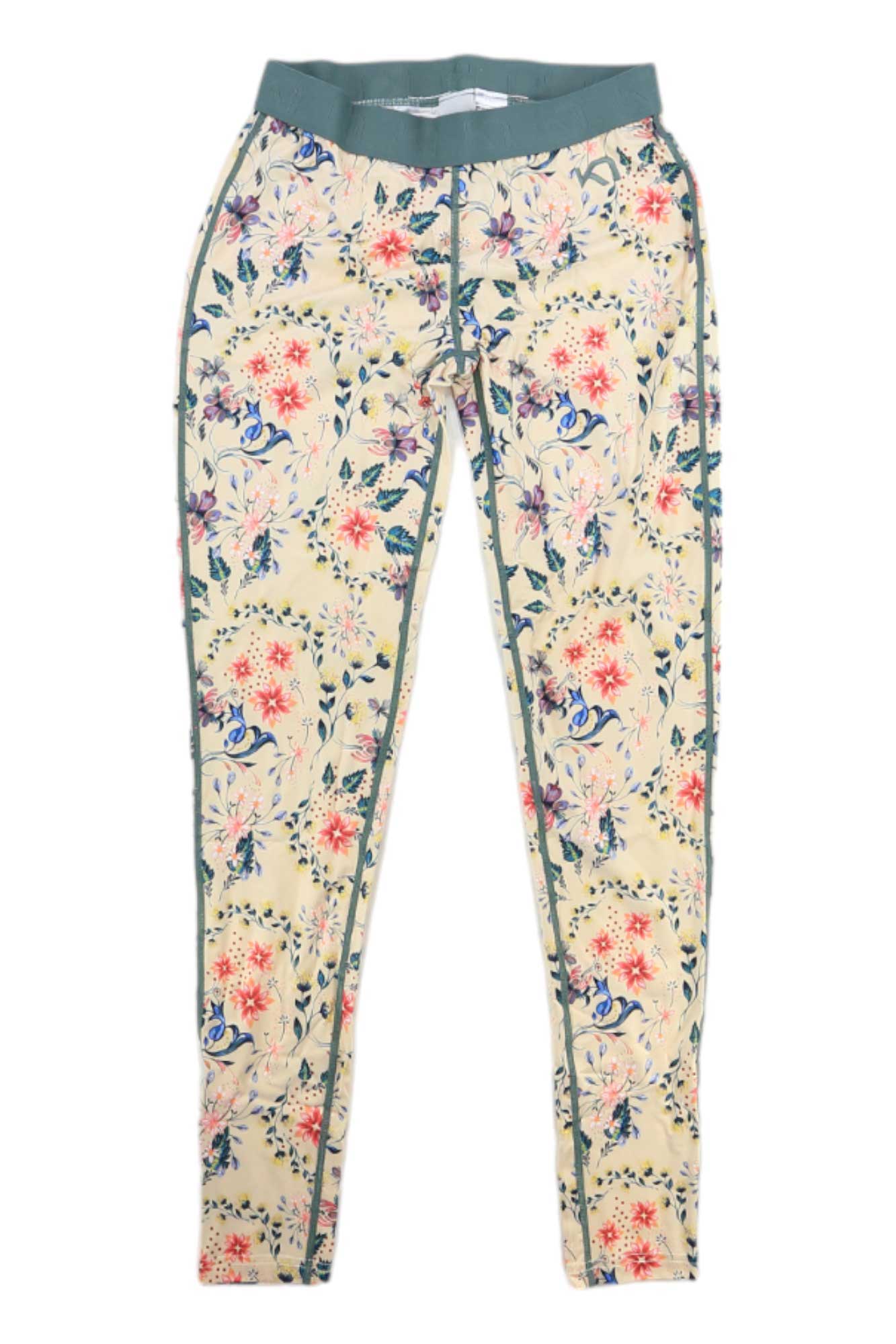 Fryd Base Layer Pants feature a cream background with a floral print, green waistband, and green side stripes. These women’s leggings are moisture-wicking for all-day comfort and style.