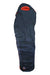 Regular left-zip sleeping bag in dark blue with red hood lining and logo patch