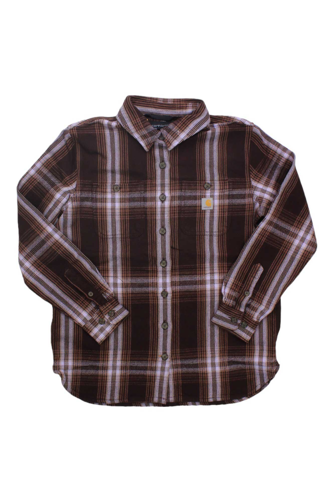 The Carhartt Womens Loose Fit Heavyweight Twill Overshirt is a long-sleeve button-up in brown, white, and red plaid, featuring a collar and a small logo patch on the chest pocket.