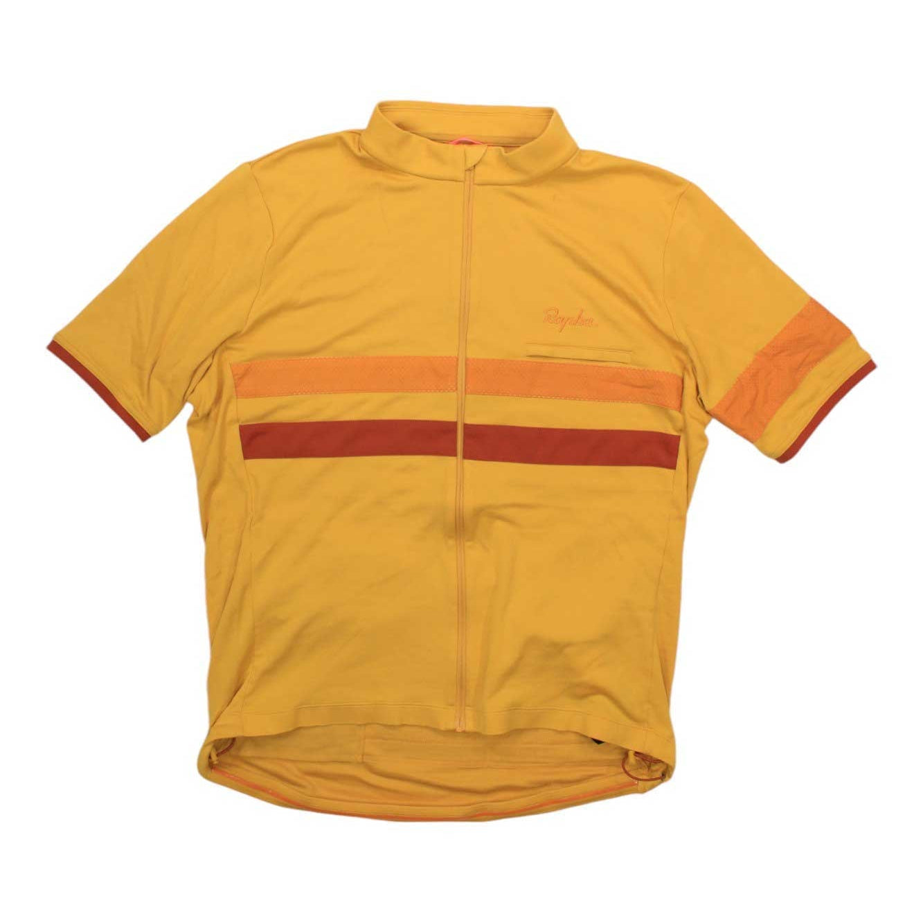 A yellow short-sleeve cycling jersey with a front zipper, featuring a horizontal chest stripe in orange and dark red, and matching orange and dark red stripes on the sleeves. The brand name 'Safri' is visible on the chest.