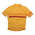A yellow short-sleeve cycling jersey with a front zipper, featuring a horizontal chest stripe in orange and dark red, and matching orange and dark red stripes on the sleeves. The brand name 'Safri' is visible on the chest.