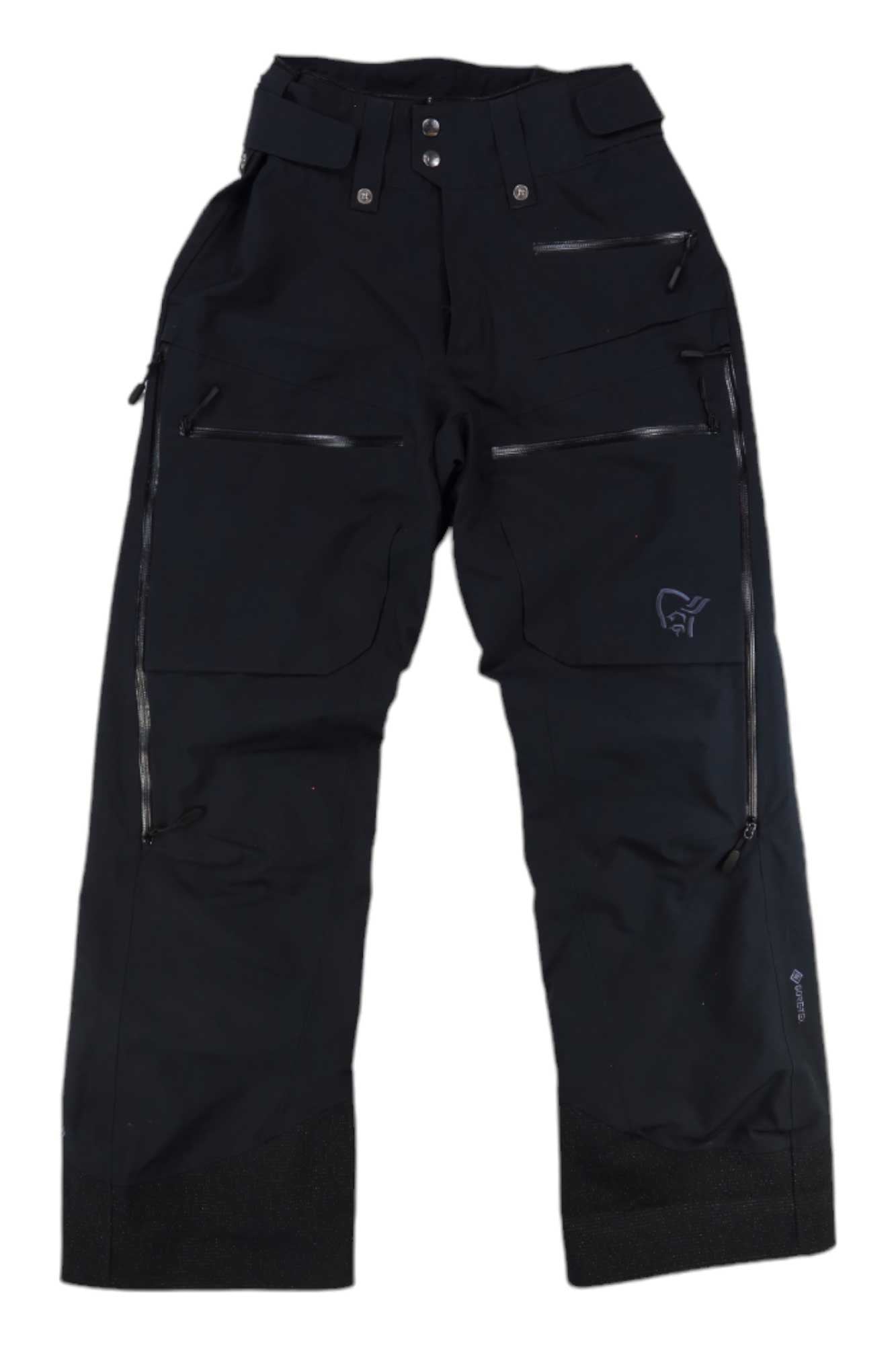 The Lofoten GORE-TEX Insulated Snow Pants are black, weather-resistant ski pants with zippered pockets, reinforced knees, and an adjustable waistband. Ideal for all-weather freeride skiing, they feature a subtle logo on one leg.