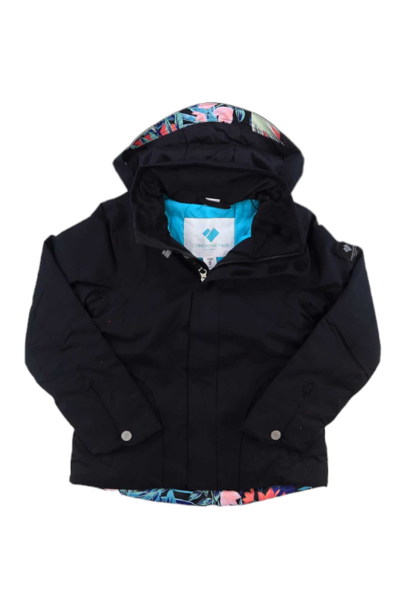 Girls black hooded winter jacket with patterned hood lining and front zip