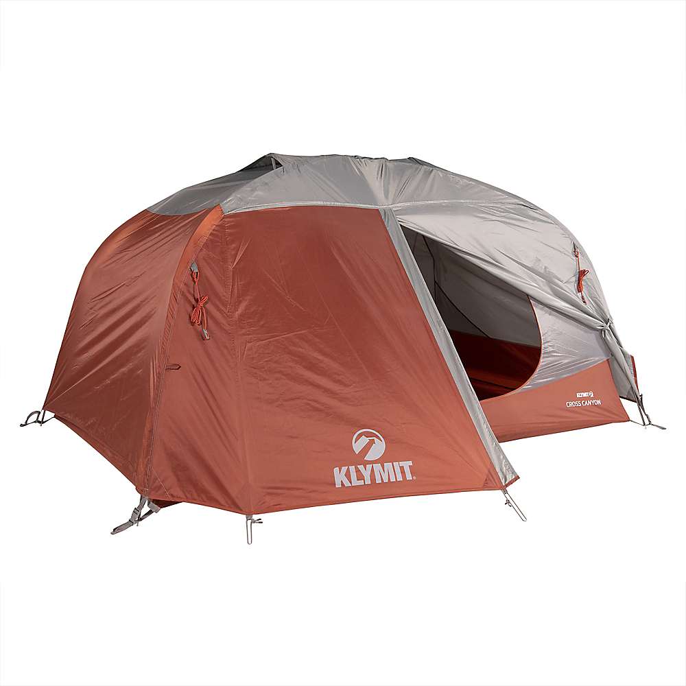 3-person tent with red-brown body and grey rainfly, front door open