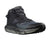 The Salomon Mens Predict Hike GTX Shoe is a waterproof black and dark gray hiking shoe with a rugged sole, mesh panels, patterned laces, high ankle design, GORE-TEX technology, and Salomon branding on the tongue and side.