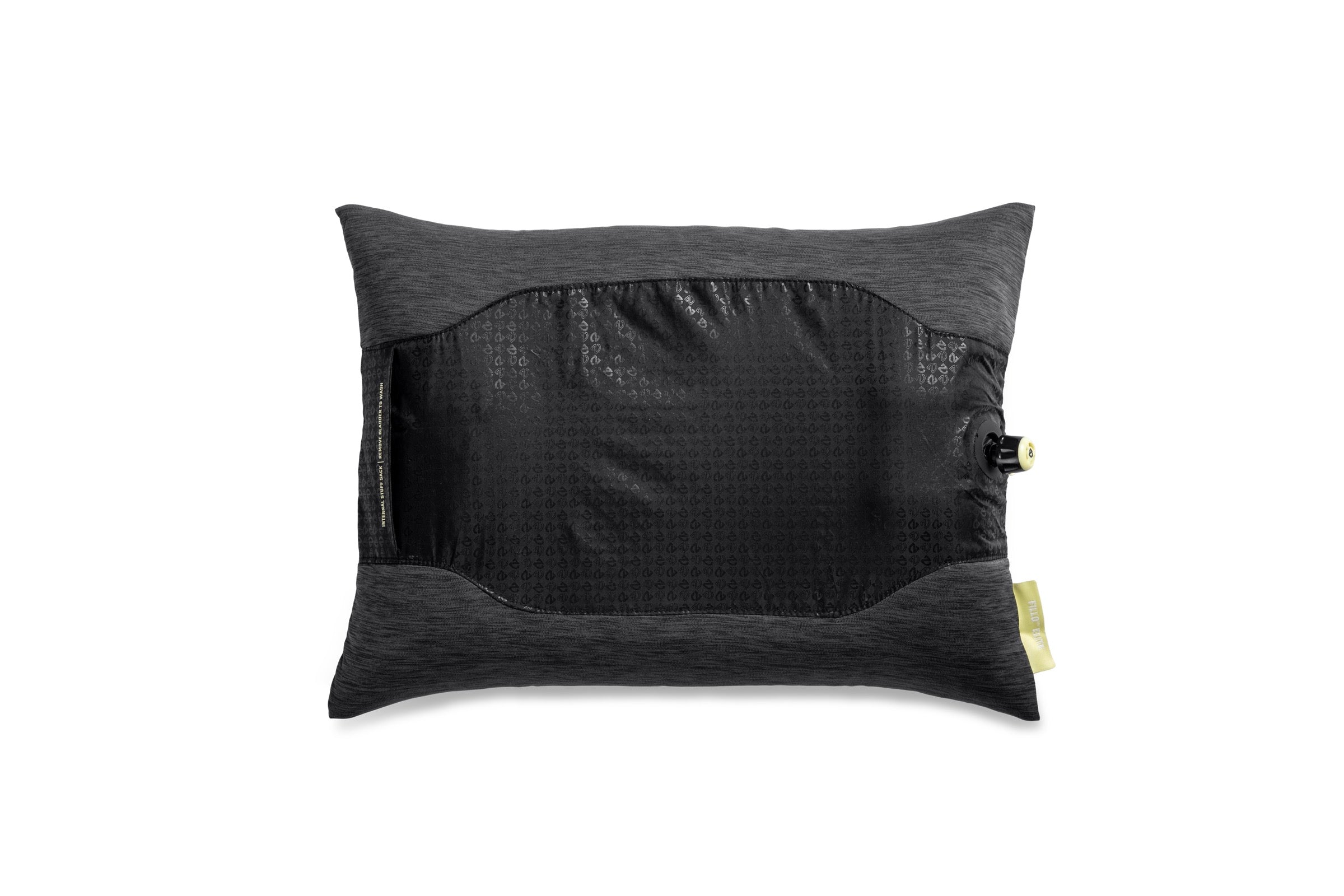 The Nemo Fillo Elite Pillow, a rectangular black camping pillow with a central mesh panel and small attached valve for inflation or adjustment, is shown against a white background—perfect as an ultralight backpacking pillow.