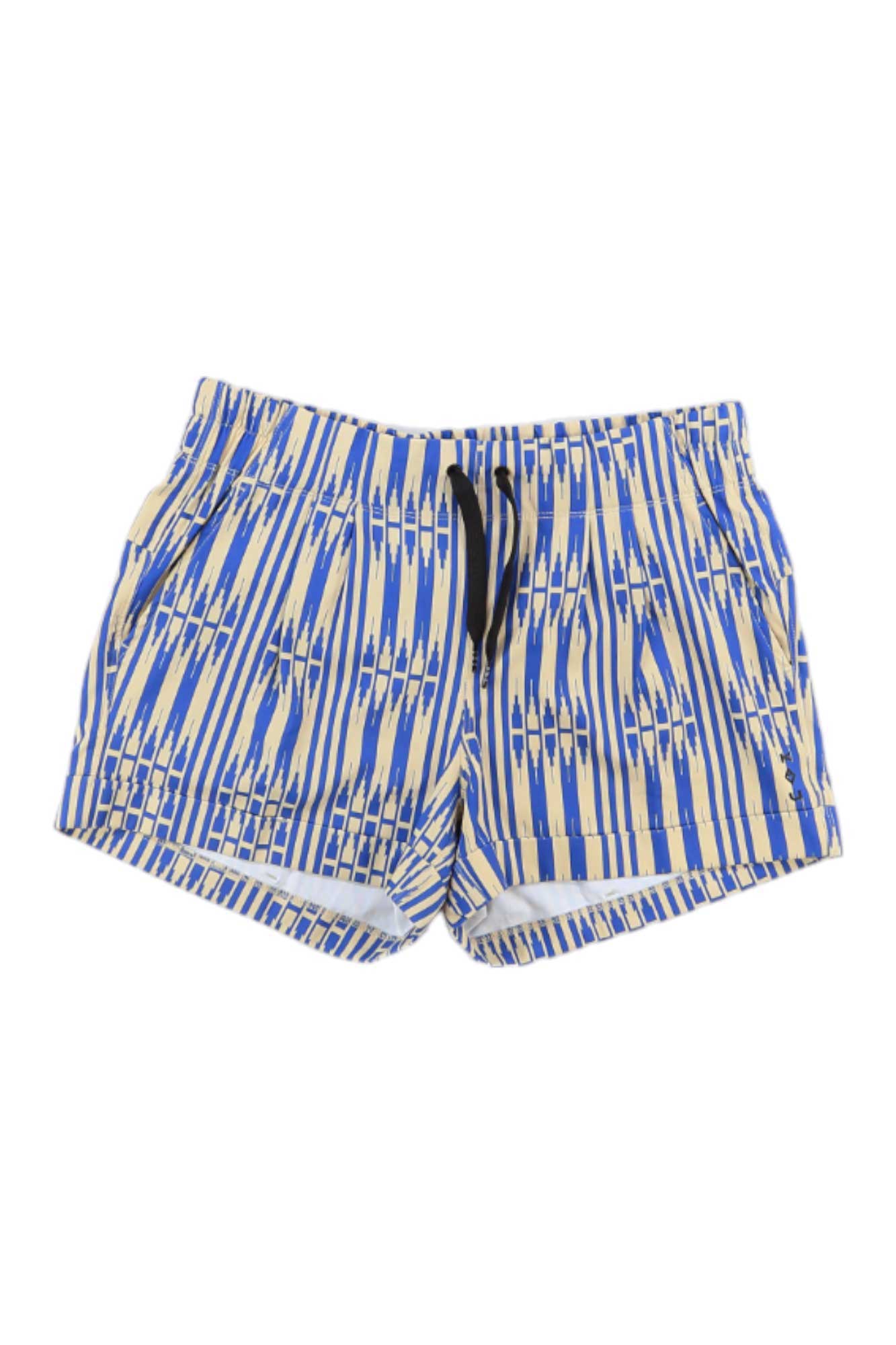 KAVU Womens Tepic 3 Inch Short features blue and beige geometric stripes, side pockets, a black drawstring waistband, and mid-rise fit. Quick-drying for all your adventures.