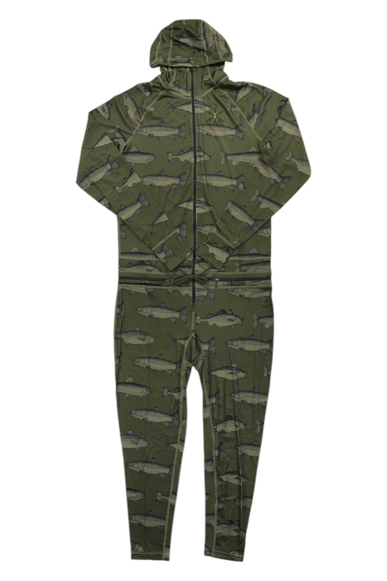 The Airblaster Mens Classic Ninja Suit is a full-length olive green hooded jumpsuit with a front zipper and all-over fish pattern, inspired by the original Ninja Suit—ideal as a unique men's base layer.