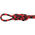 A Maxim Glider 10.2mm Climbing Rope in red and black, tied in a figure-eight knot with a loop on the left, isolated on a white background.