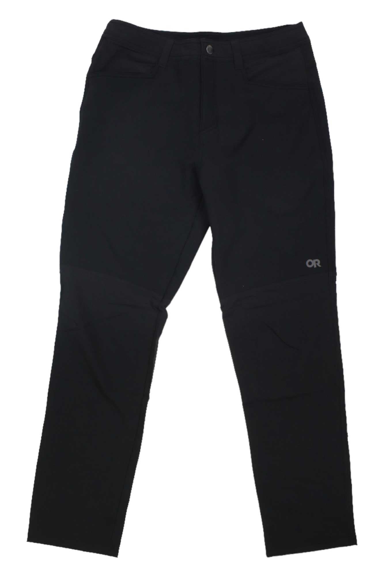 Men's Methow pants in black with button waist, side pockets, and OR logo