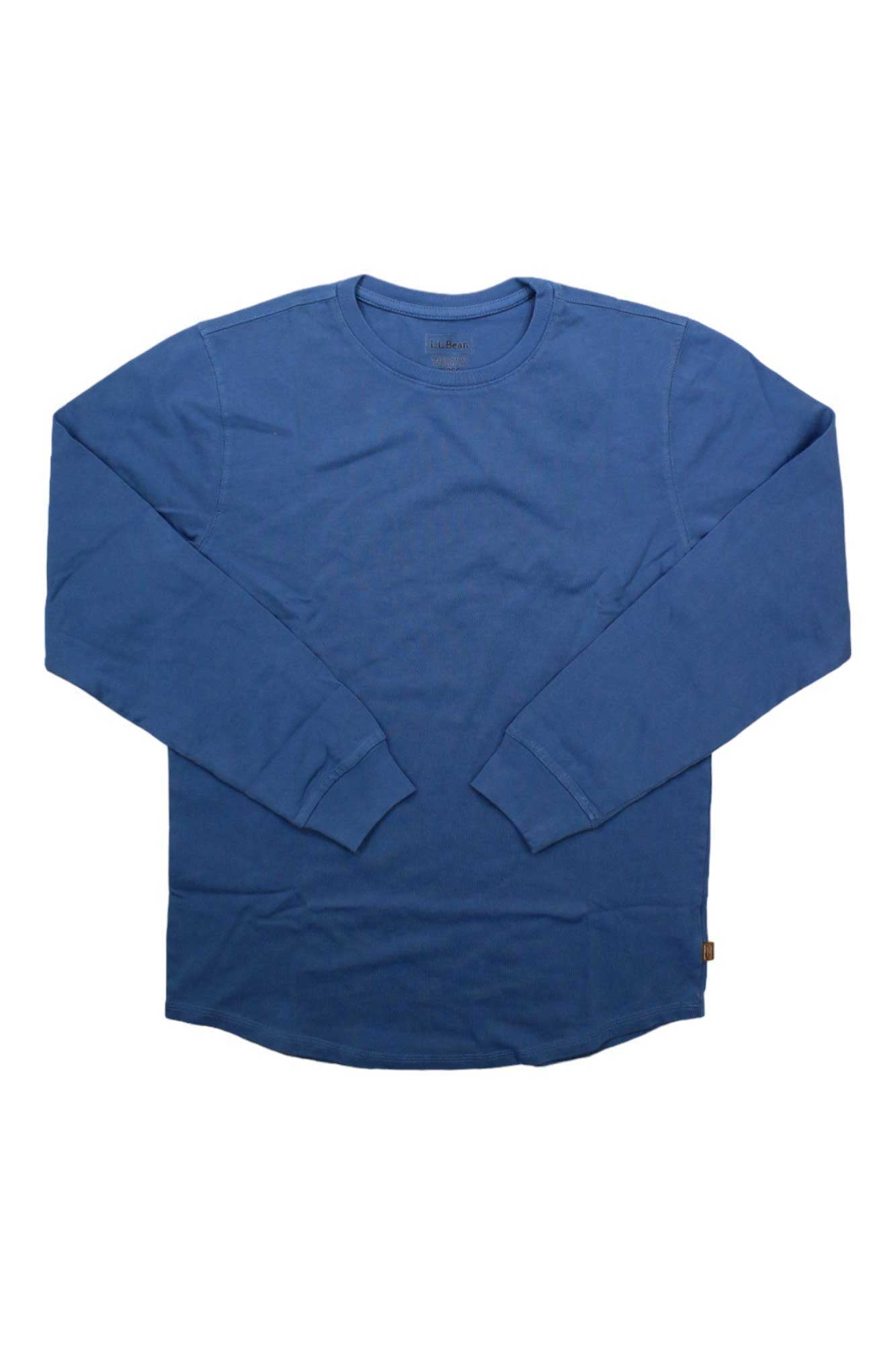 The L.L.Bean Men's BeanBuilt Cotton Without Pocket LS Tee, shown in blue and laid flat on a white background, features durable fabric, ribbed cuffs, and a slightly curved hem—ideal for everyday wear.
