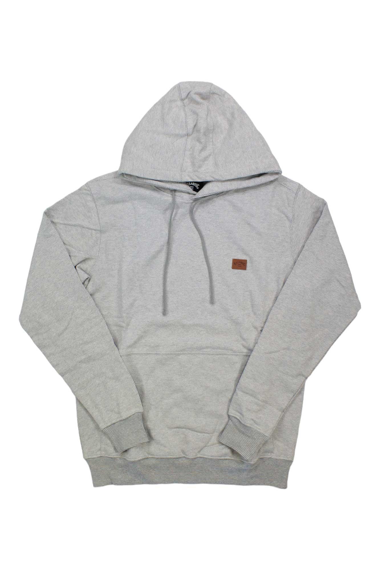 The Billabong Mens Hudson Pullover is a light gray sweatshirt with a front pocket, drawstrings, and a small brown chest patch—ideal for casual style. Shown on a white background.
