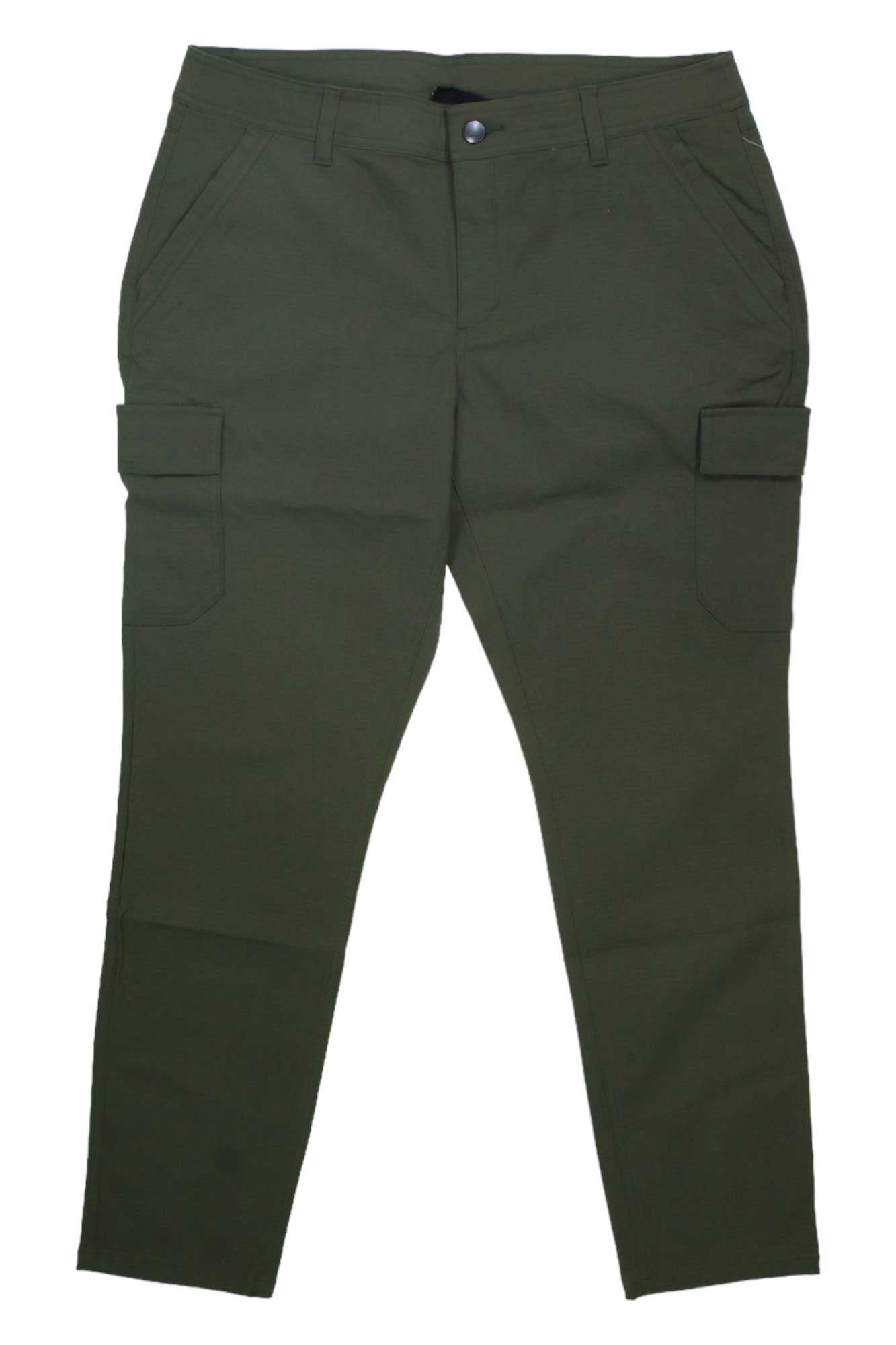 Womens green cargo pants with cargo flap pockets and button waist