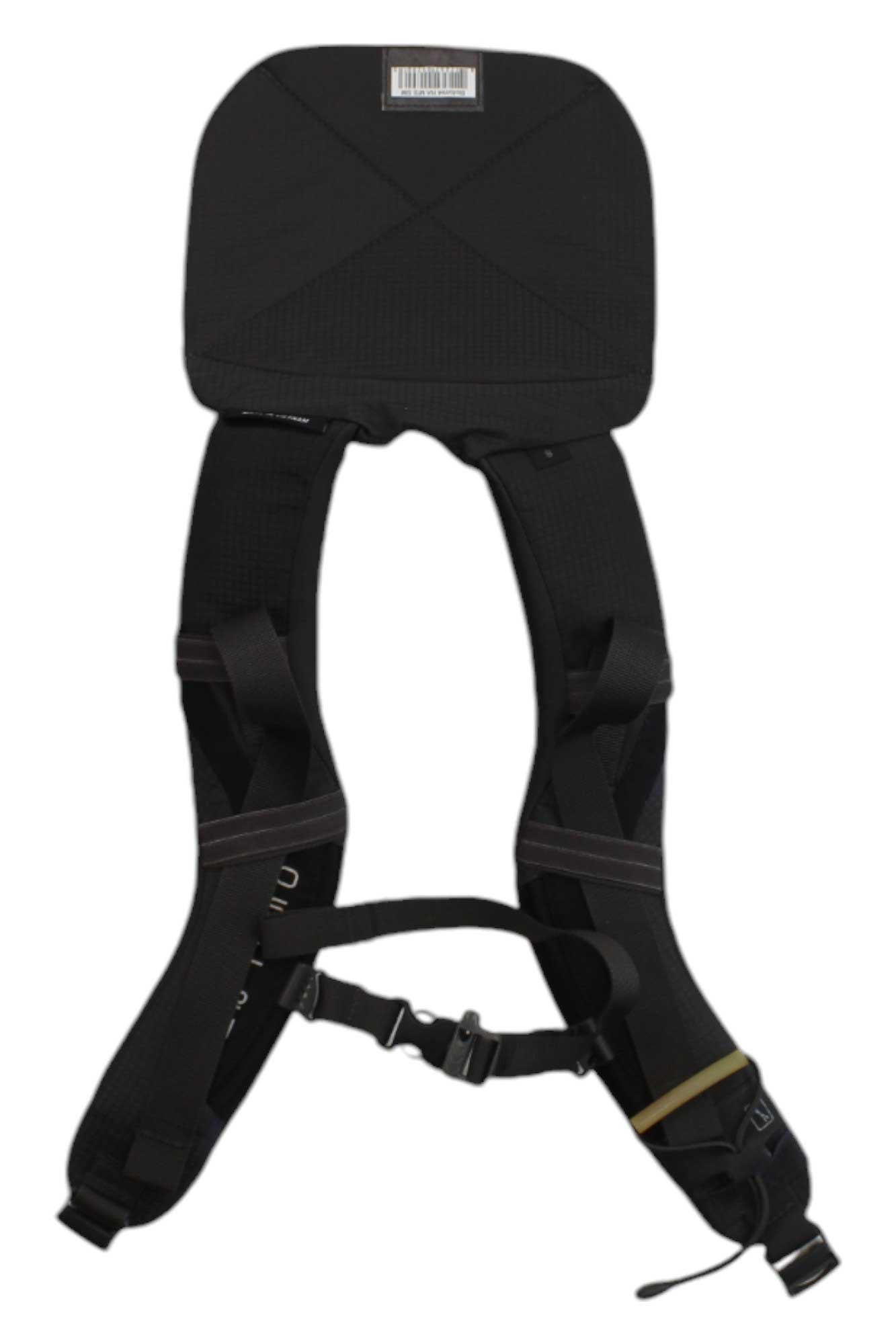 The Osprey Men's Bioform Harness in black features adjustable shoulder straps, padded back, waist and chest buckles, adjustable torso length, and a visible barcode on the top back panel—perfect for backpacking.