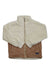The KAVU Womens Spirit Cove Jacket is a cozy full-zip outdoor piece made from recycled polyester sherpa fleece, featuring a cream top and sleeves, light brown lower half, stand-up collar, front pockets, and a small patch near the hem.