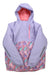 The Eddie Bauer Girls Powder Search 3-In-1 Jacket is a purple waterproof kids jacket with a pink lining, front pink zipper pocket, colorful geometric pattern in pink, blue, and purple on the lower half, and reflective sleeve strips.