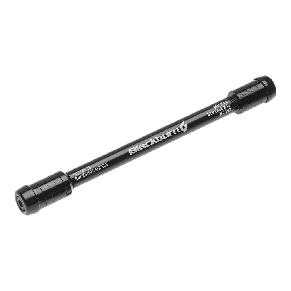 A black Copilot Trainer And Trailer Adaptor Kit part, labeled BLOCKSHOCK AXLE MODEL 0156, features round, ridged ends and white branding on its cylindrical body—perfect for integrating bike accessories or trainer setups.