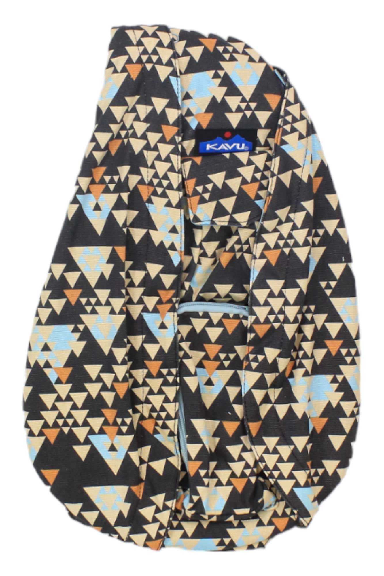 The KAVU Womens Rope Bag features a sling-style design with a geometric triangle pattern in beige, blue, and tan on black, an adjustable rope shoulder strap, zippered pocket with KAVU logo—ideal for travel.