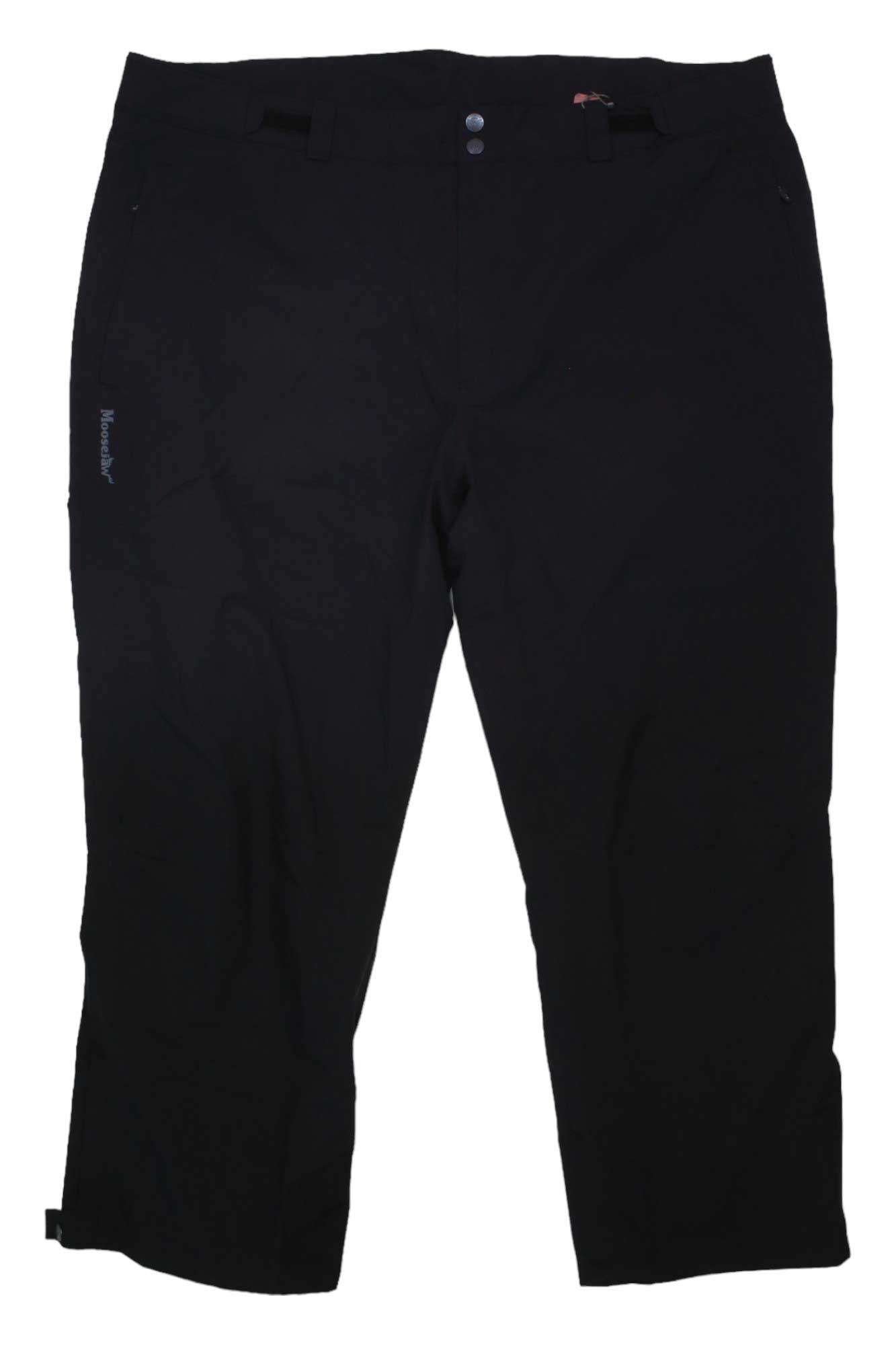 The Moosejaw Men's Insulated Ski and Snow Pant in black features water-resistant fabric, belt loops, a button and zipper closure, and straight legs, shown laid flat on a white background.