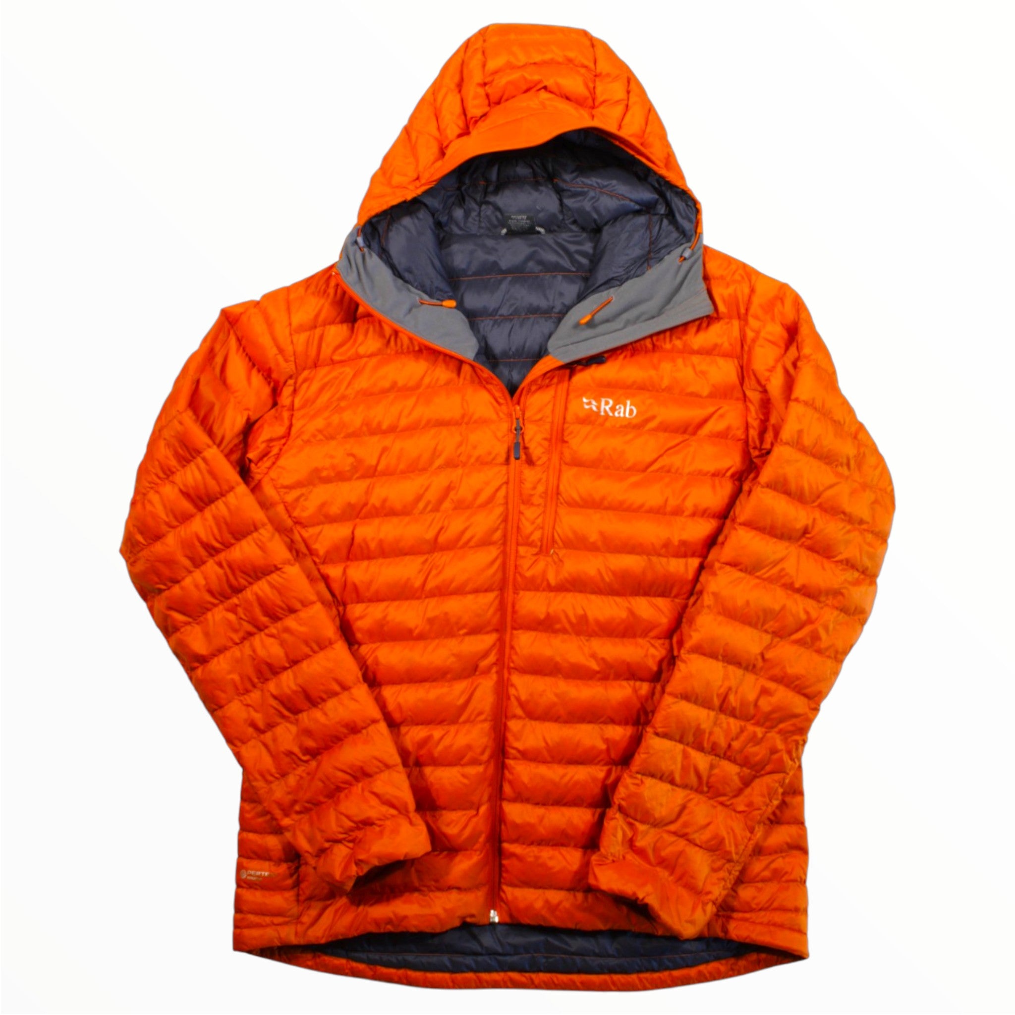 The Rab Mens Microlight Alpine Jacket is a bright orange down jacket with Pertex Quantum, featuring a hood, front zipper, and Rab logo on the chest, shown against a white background.