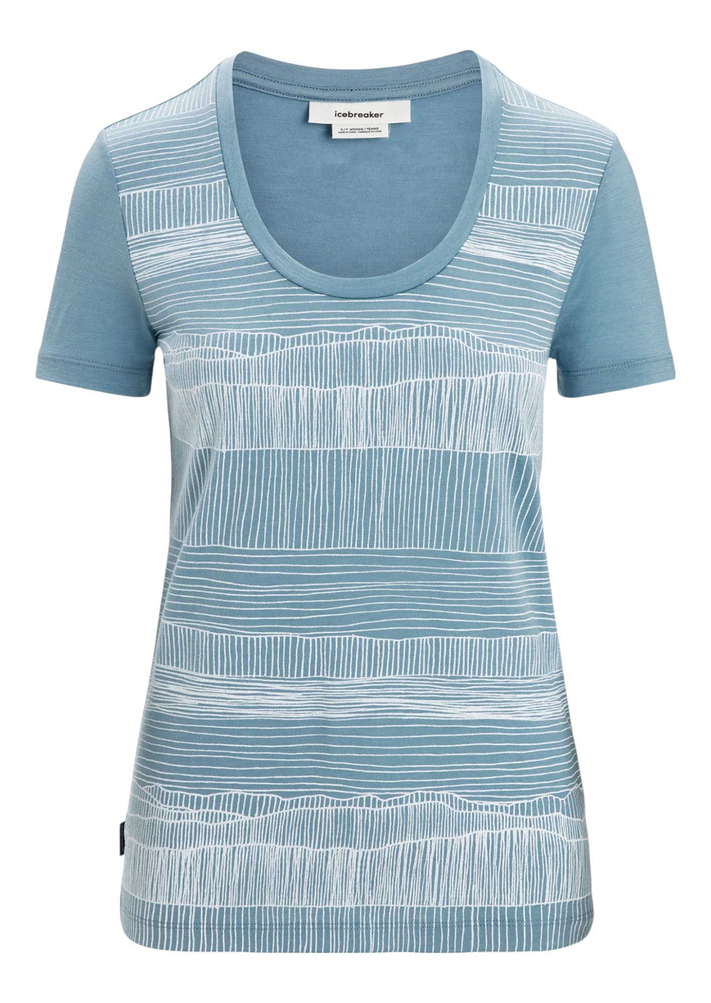 Stay cool and comfortable outdoors in the Icebreaker Womens Tech Lite II SS Scoop Tee - Reflection Lines, a light blue, moisture-wicking short-sleeve t-shirt featuring a scoop neckline and white horizontal line patterns.