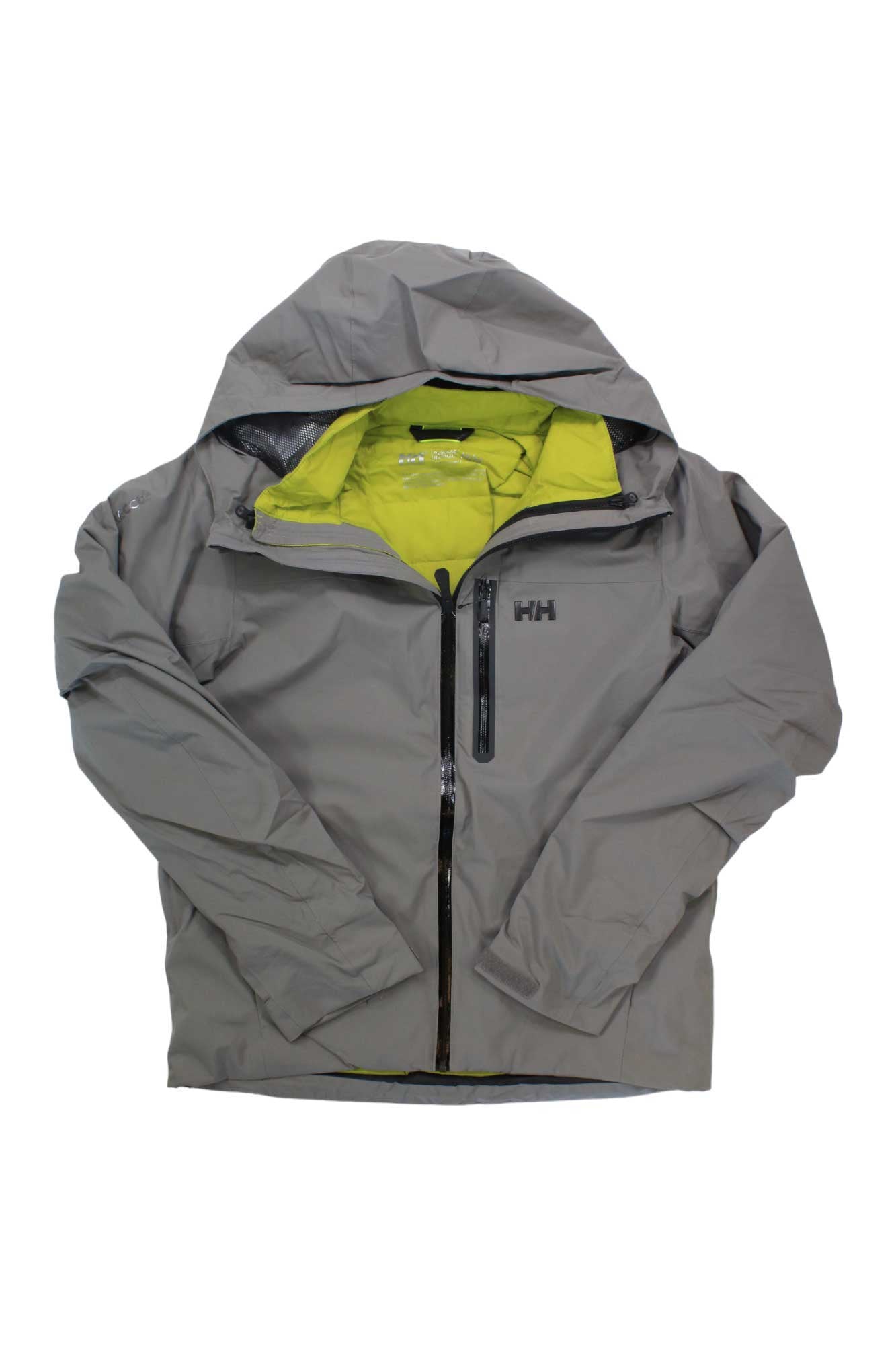 The Helly Hansen Mens Swift 3In1 Jacket, shown in gray with a hood, lime green lining, front zipper, and chest zip pocket, is laid flat with the hood up—ideal as an insulated ski jacket for cold-weather use.
