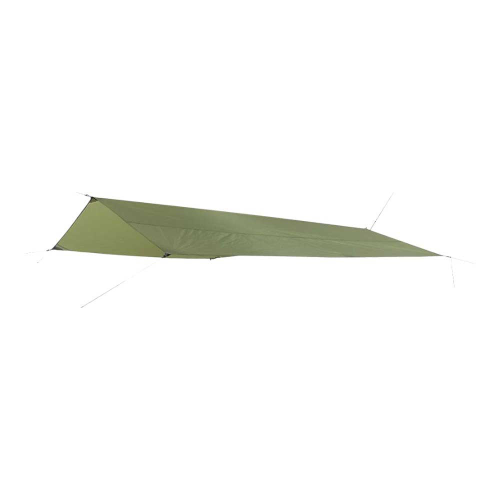 The Exped Solo Tarp, a green rectangular ultralight shelter, is stretched out with cords at each corner for minimalist protection from rain or sun. The compact tarp is displayed against a plain white background.