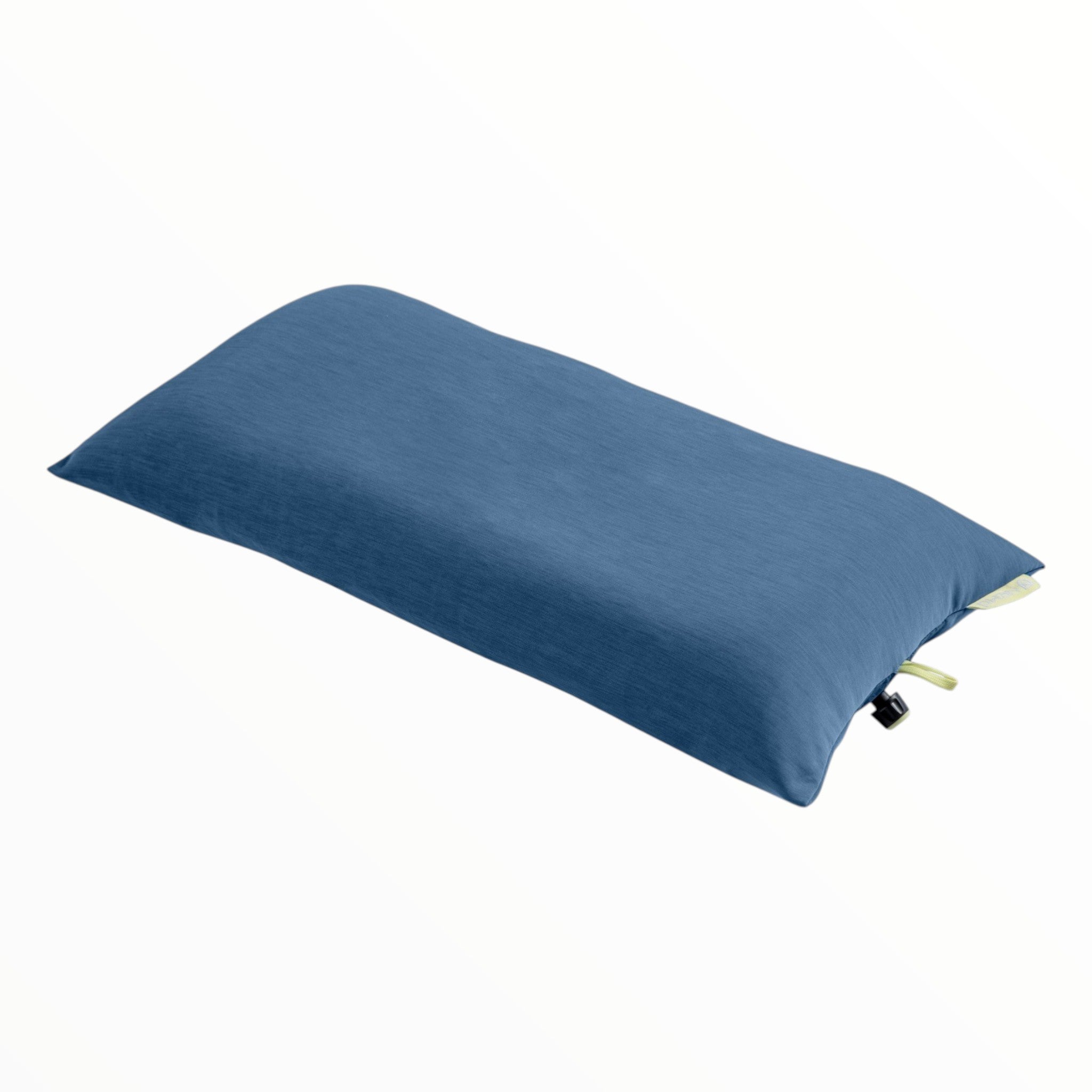 The Nemo Fillo Elite Pillow is a rectangular blue camping pillow with a smooth surface, small tag, and side zipper, lying flat on a white background—ideal as an ultralight backpacking pillow for outdoor adventures.