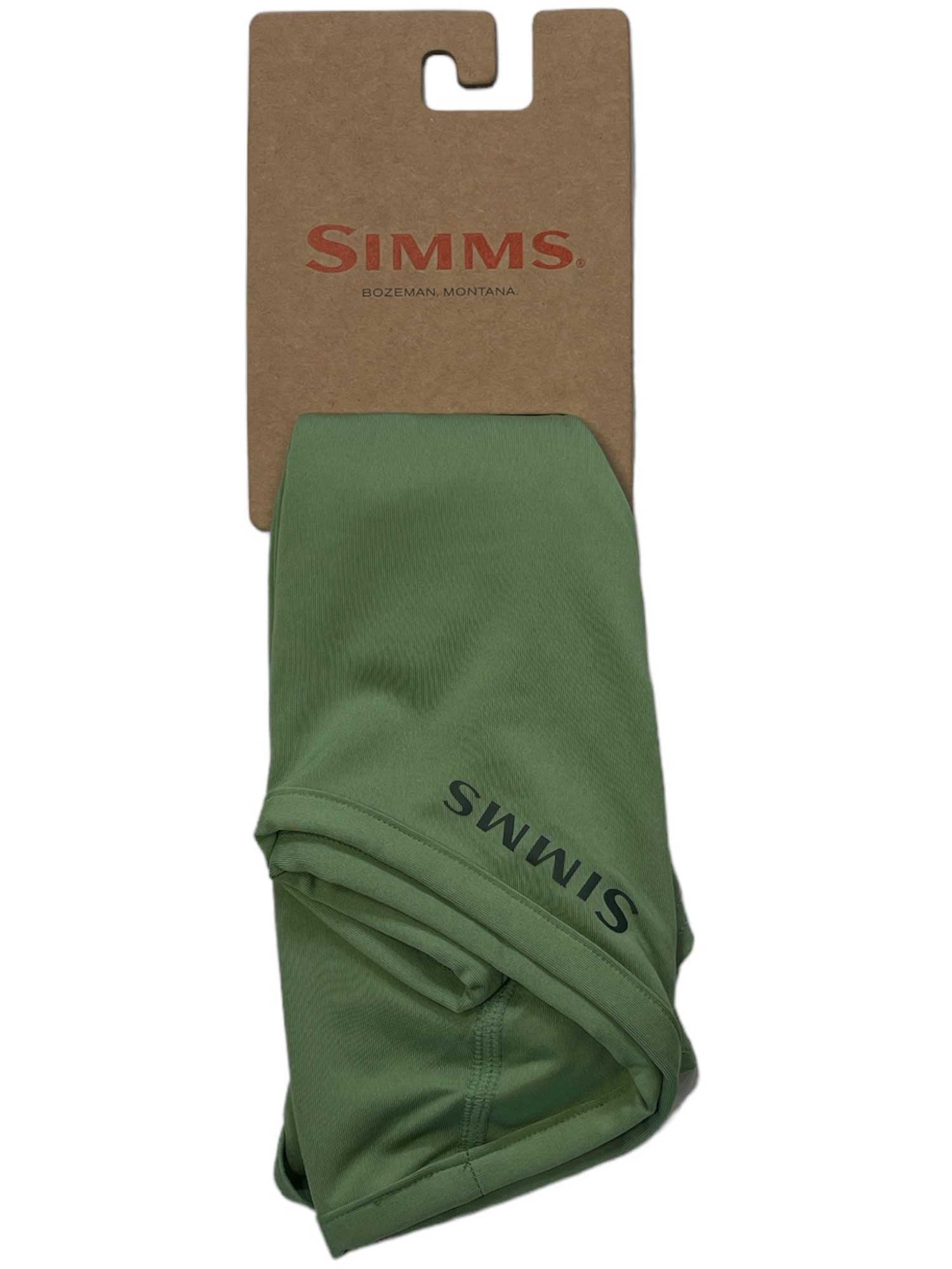 A green Simms Mens SunGaiter, renowned for sun protection and quick-drying abilities, is folded on a brown cardboard hanger featuring the SIMMS logo and "Bozeman, Montana" text at the top.