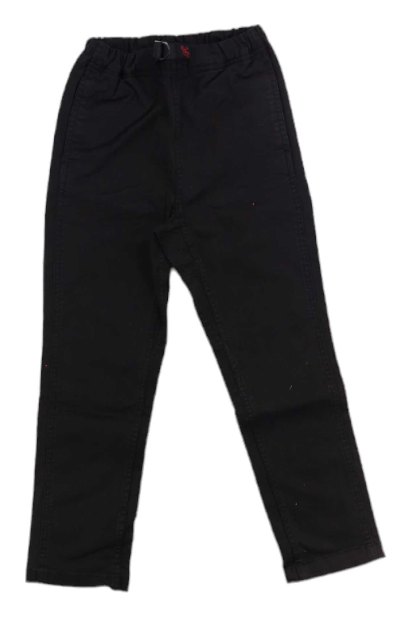 A pair of black Gramicci Kids Narrow Pants, made from stretch cotton twill with an elastic adjustable waistband and straight legs, is laid flat on a white background.