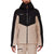 A person wearing a beige and black Mammut Mens Stoney HS Thermo Jacket, featuring a hood, front zipper, and zippered pockets, with beige pants stands against a plain white background.