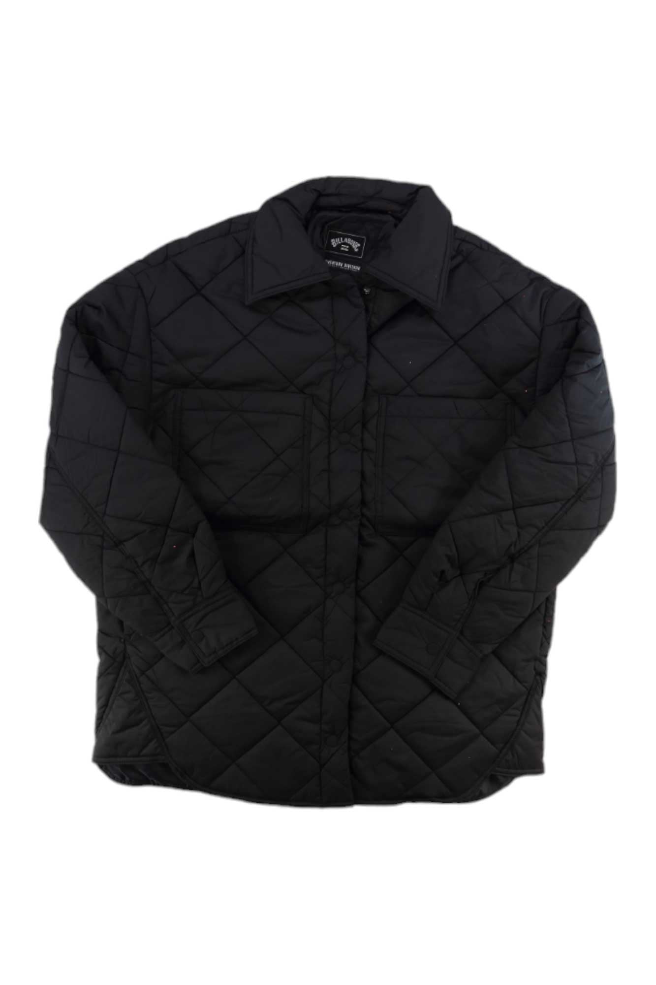The Billabong Women's Transport Shacket is a black quilted jacket with a collar, front snap buttons, diamond stitching, an oversized fit, two chest pockets, long sleeves, and water-repellent fabric for added protection.