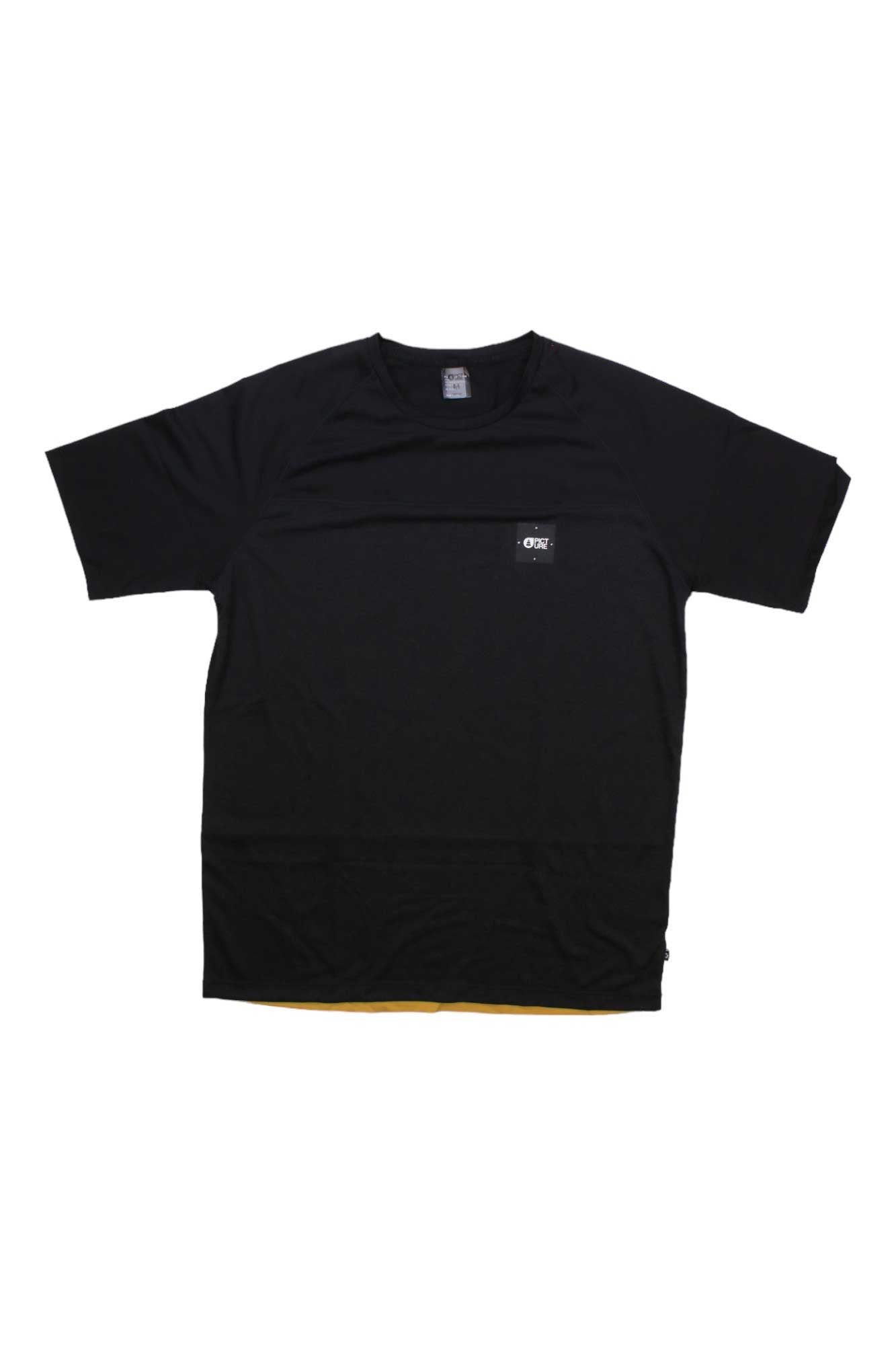The Picture Men's Chardo Tech Tee is a plain black short-sleeve shirt with moisture-wicking fabric and a small black rectangular label with white text on the upper left chest, shown laid flat on a white background. Ideal for hiking or daily wear.