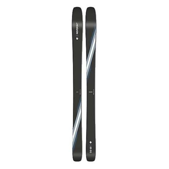 A pair of Movement Go 90 Ti Skis for men in black with white and blue diagonal stripes near the tips, ideal for all-mountain adventures, displayed side by side on a white background.