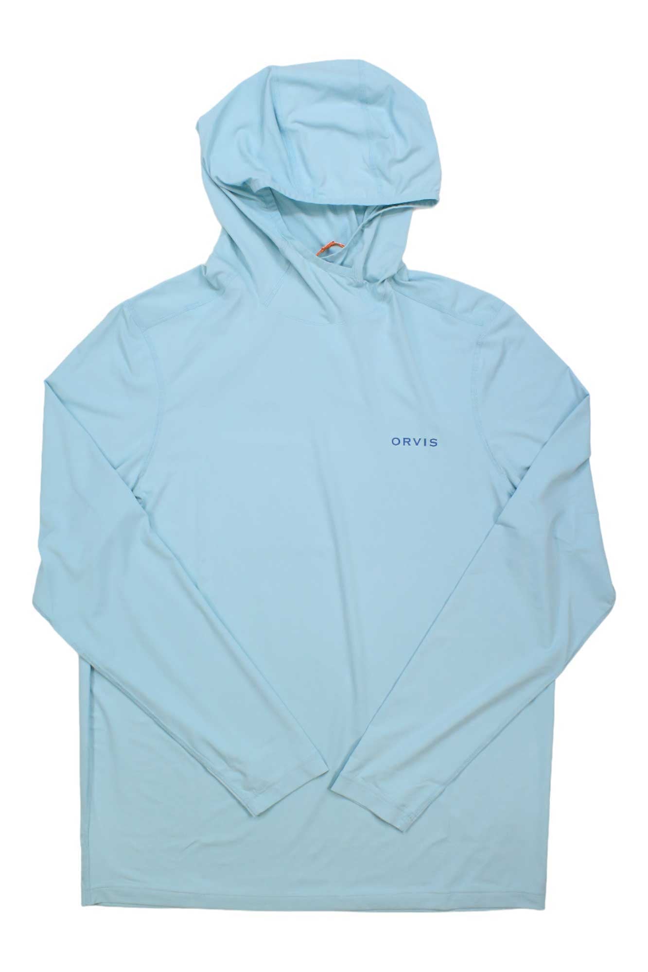 Men's Orvis sun defense long-sleeve hoodie, light blue, pullover with hood and logo
