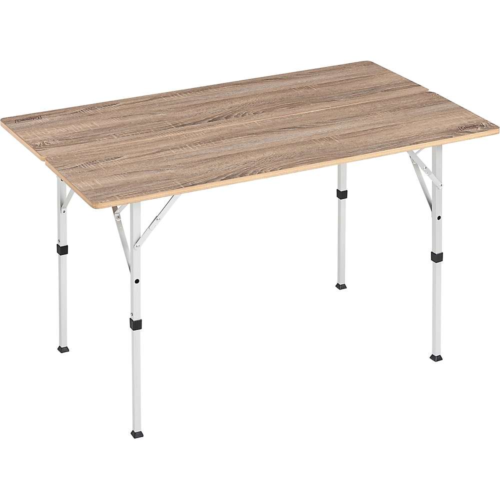 Folding table with woodgrain top and white metal legs
