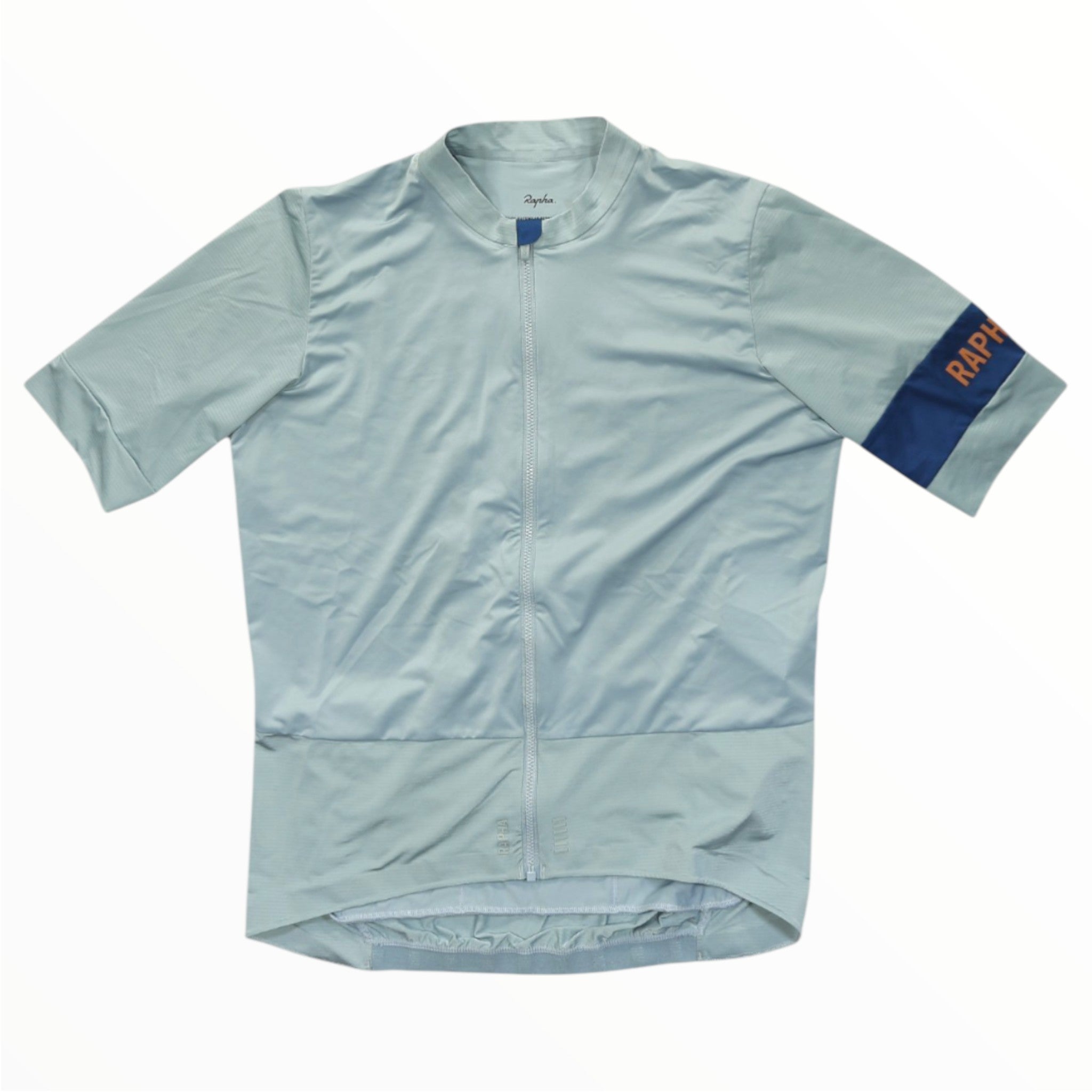 Light blue cycling jersey with front zipper and navy sleeve stripe.