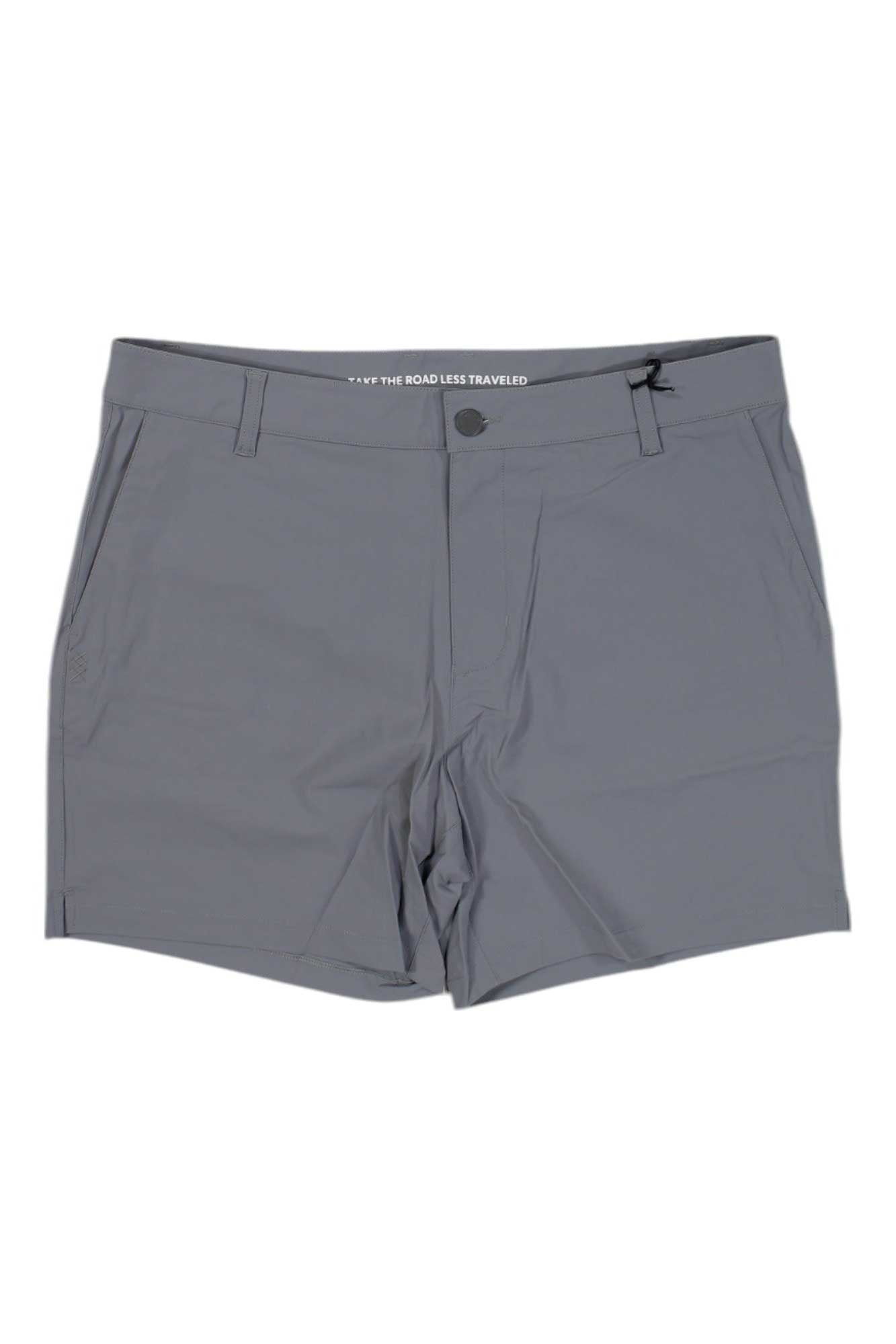 The Rhone Men's Resort 6 Inch Short in gray features a button closure, front zipper, belt loops, and side pockets. Displayed on a white background, these lightweight, breathable knee-length shorts are perfect for any summer getaway.