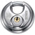The OnGuard BullMastiff Round Key PadLock is a silver, circular padlock with "Hardened," "70," "Stainless Steel," and "ONGUARD" engraved on its shiny surface, featuring a central keyhole for rotary operation.