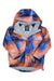 The Therm Kids Snowrider Jacket is a waterproof kids jacket with a bold abstract print in orange, blue, and black, featuring a front zipper, side pockets, and a soft gray lining for comfort.