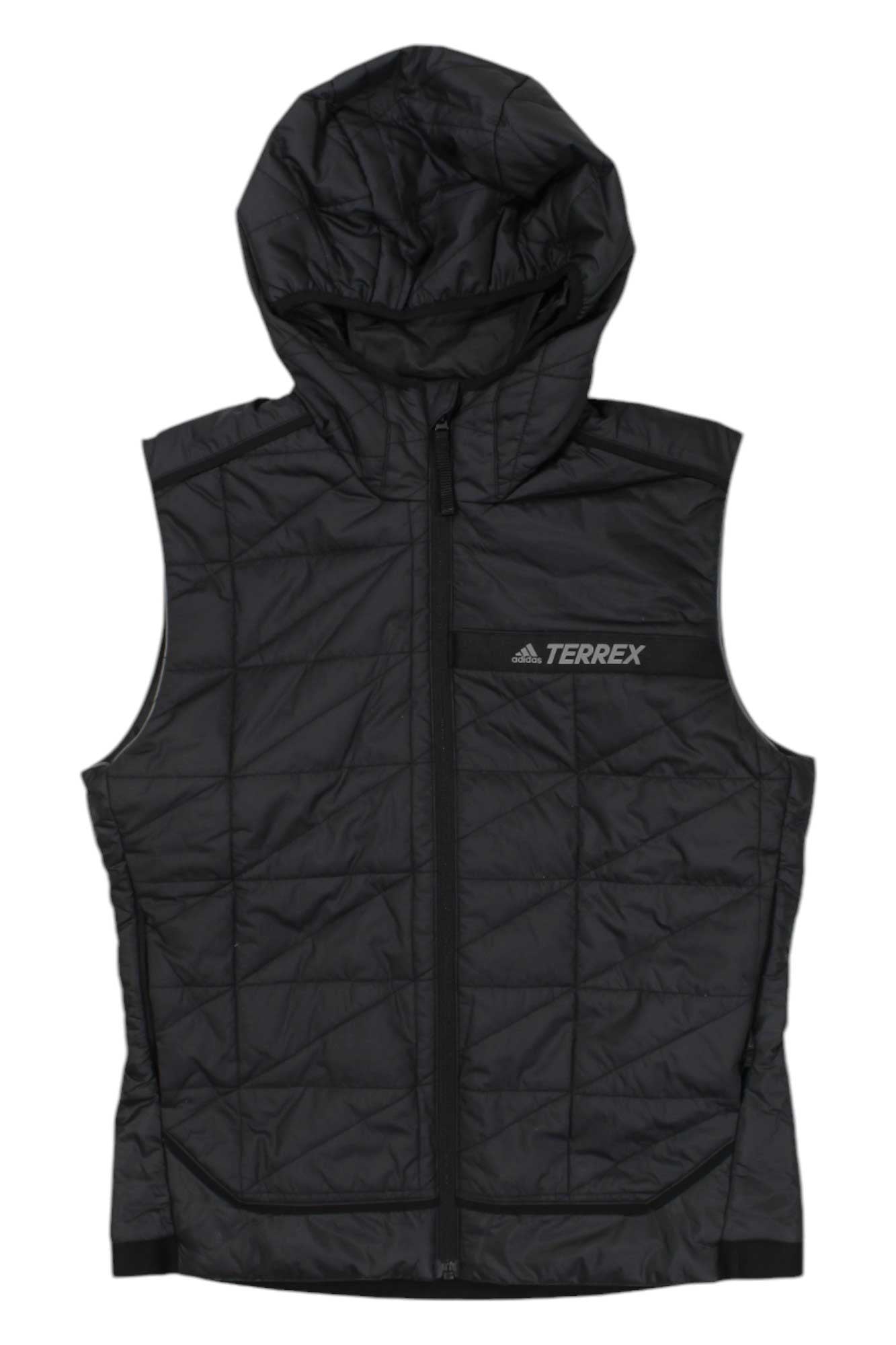 The Adidas Womens Terrex Multi Synthetic Insulated Vest is a black sleeveless quilted vest with a hood, front zipper, chest pocket with TERREX logo, and subtle stitched patterns for sporty style.
