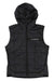 The Adidas Womens Terrex Multi Synthetic Insulated Vest is a black sleeveless quilted vest with a hood, front zipper, chest pocket with TERREX logo, and subtle stitched patterns for sporty style.
