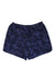 The Marmot Men's Juniper Springs 5 Inch Short in dark blue features a subtle leaf pattern, a purple waist drawstring, and UPF 50 protection, displayed flat on a white background.