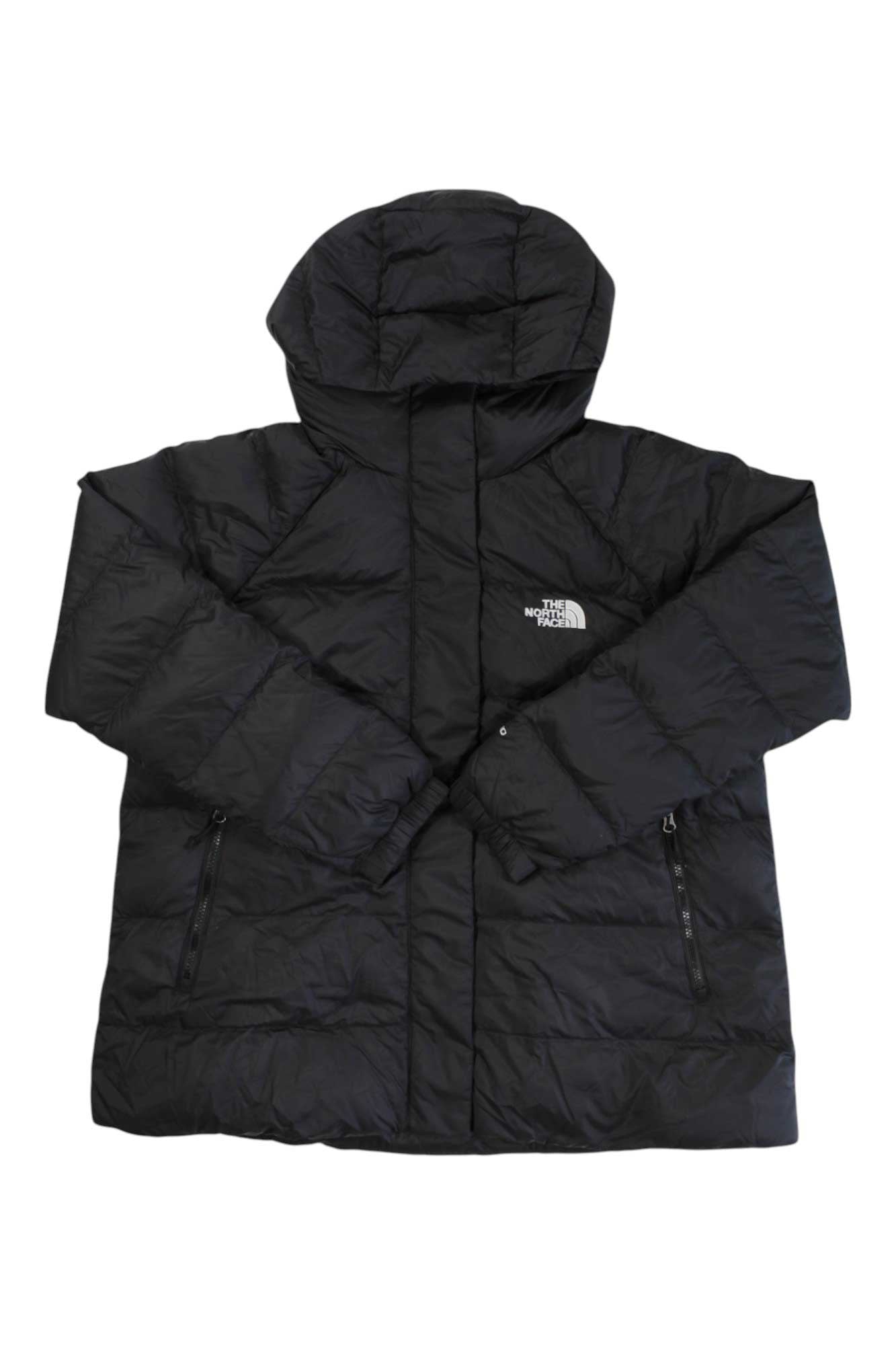 The North Face Womens Hydrenalite Down Midi Jacket—black with a hood, zippered pockets, and left chest logo—offers winter warmth using recycled down insulation. Laid flat on a white background.