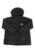 The North Face Womens Hydrenalite Down Midi Jacket—black with a hood, zippered pockets, and left chest logo—offers winter warmth using recycled down insulation. Laid flat on a white background.